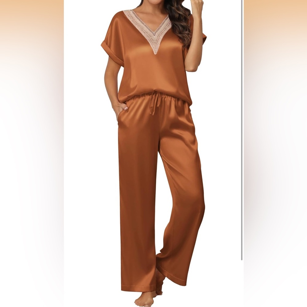 Ekouaer Satin Pajama Set for Women Short Sleeve Silky Pjs 2 Piece Lounge Sets